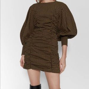 Zara Mini Draped Puff Sleeve Dress | Houndstooth Check | Size S |
